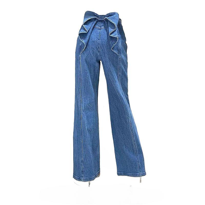 Y2k Bow Pleat Women Flared Jeans Pants Wide Leg Straight High Waist Woman's Denim Trousers Dragging Distressed High Street Pants