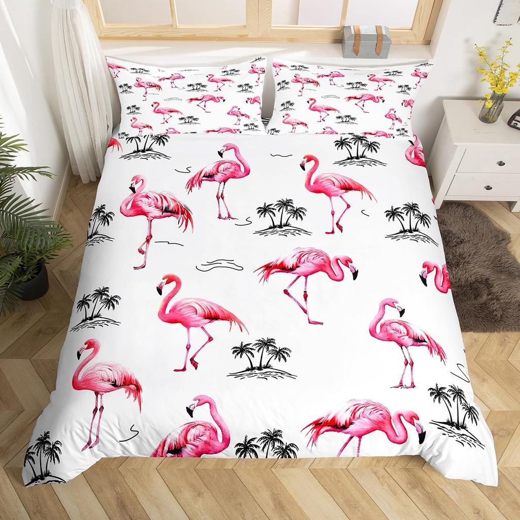 Chic Flamingo Duvet Cover Queen Beach Theme Tropical Animal Bedding Set, Coastal Sunset Comforter Cover Cute Wildlife Bed Set