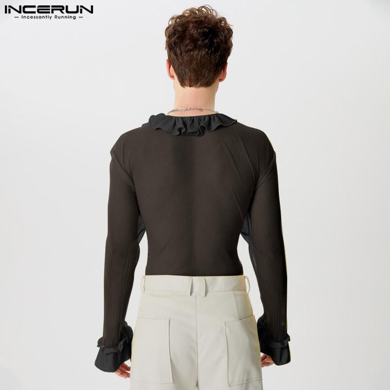 INCERUN Мужские рубашки с глубоким V-образным вырезом и длинным рукавом, оборками и сетчатыми вставками, прозрачные топы