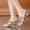 Summer New 2025 Rhinestone Slippers Ladies Chunky Heels Hollow Casual Slippers Fashion Beach Shoes Woman Sandalias De Mujer