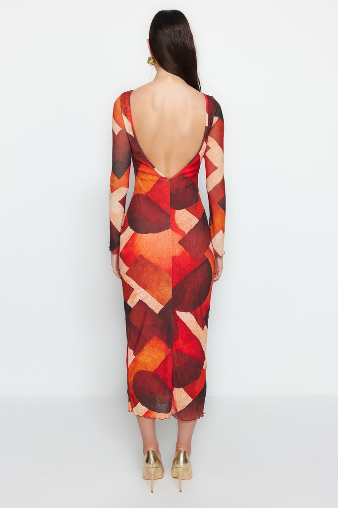 Women's Fashion New Dress Multi-Colored Special Textured Fitted Back Detailed Maxi Flexible Knitted Pencil Dress