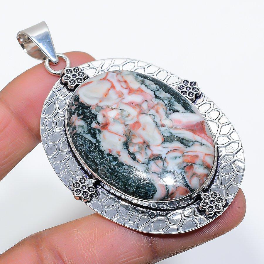 Pinolith Gemstone Handmade 925 Sterling Silver Jewelry Pendant 2.76" SU-9939