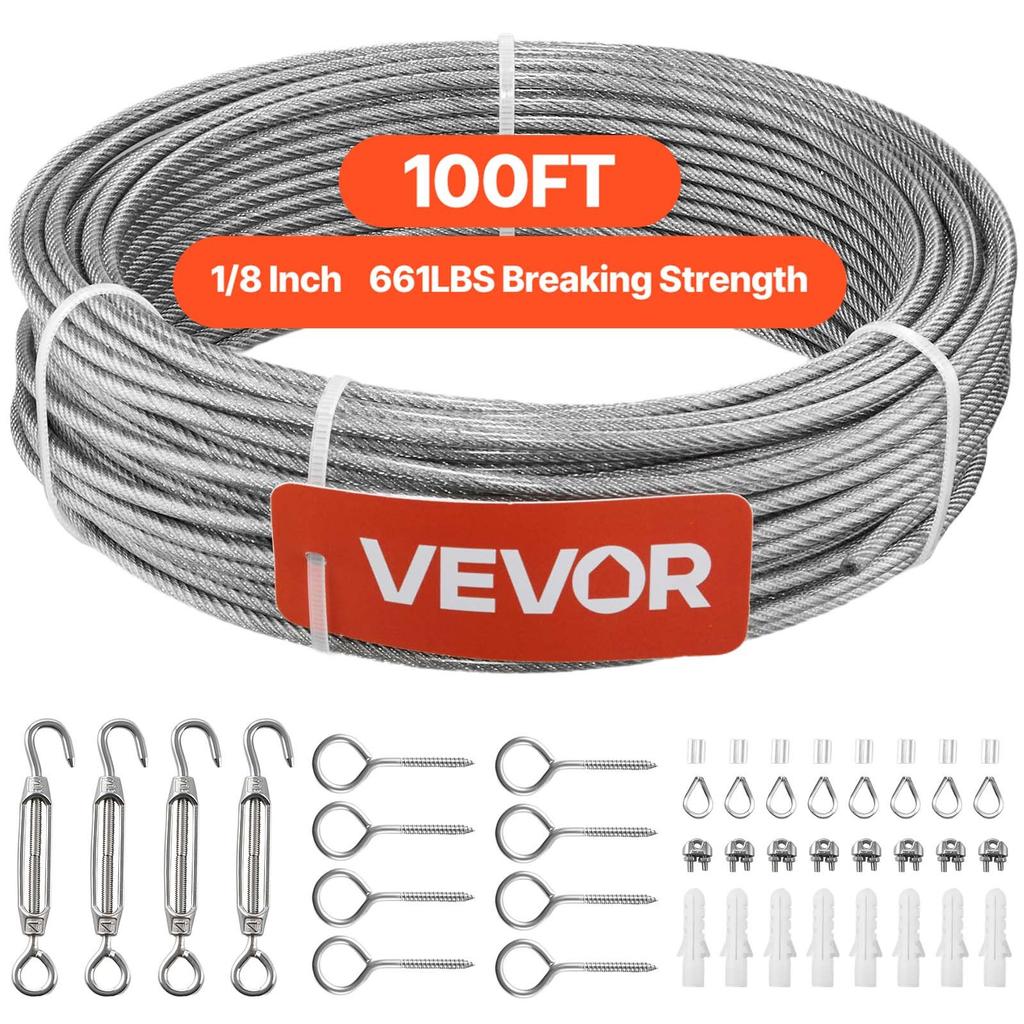 VEVOR 3.2 mm Wire Rope Kit, 30.5 m Length, 304 Stainless Steel Wire Cable, 2.9 kN Breaking Strength, 7 x 7 Strands Construction