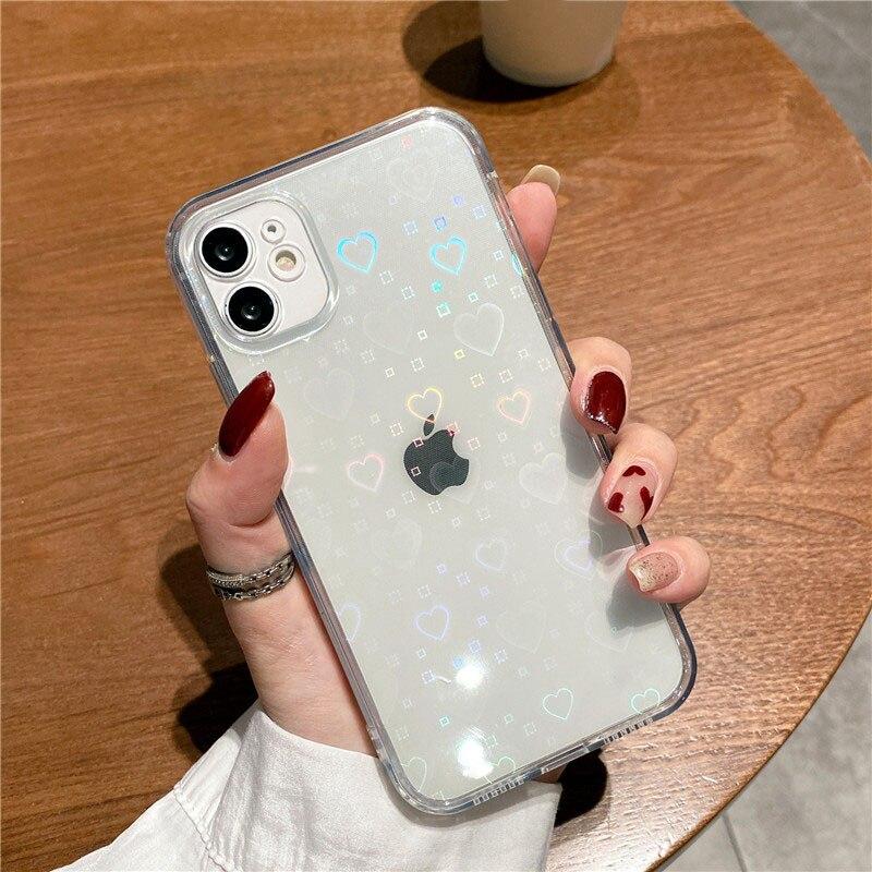 Fashion Gradient Laser Love Heart Leaf Pattern Case For iPhone 13 11 12 14 15 Pro Max X XS XR 7 8 Plus SE 2020 Clear Cover With Hearts