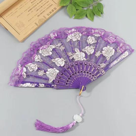 Rose Lace Folding Fan with Tassel Vintage Wedding Dance Performance Photo Props Portable Summer Hand Held Fan Party Supplies Gift