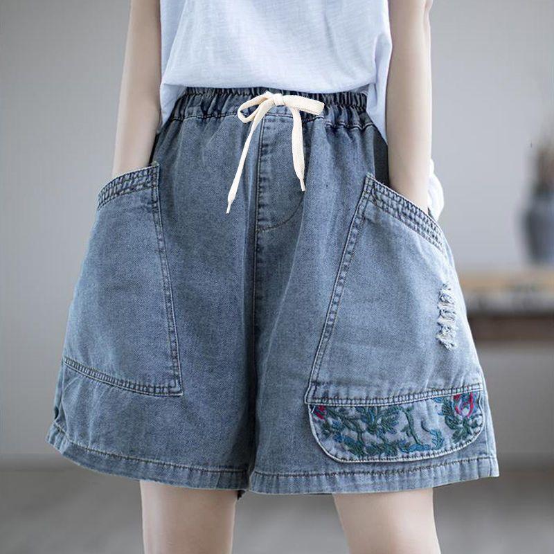 Women's Summer Denim Shorts New Pants Women's Casual Loose Piercing Embroidered Splicing