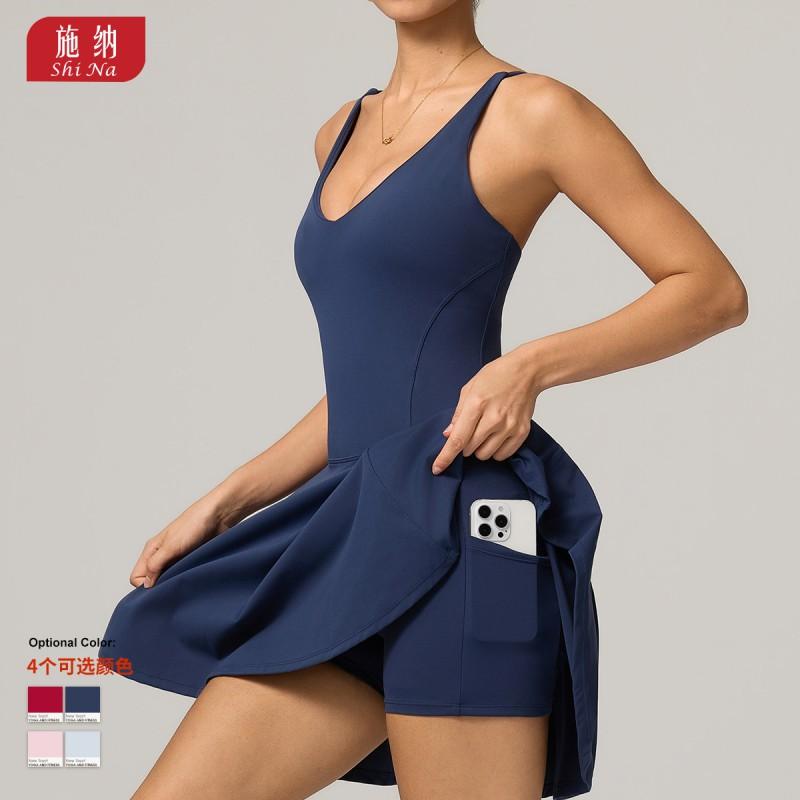 Womens Sporty Yoga Dress With Side Pockets Breathable Stretch Fit Running Tennis Gym Outdoor Activities