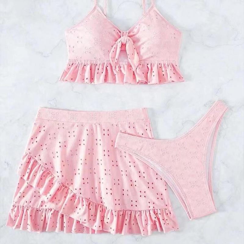 Solid Bikini Set High Waist Mesh Beach Style Swimwear Women Three-piece Flounce Summer Swimsuit Biquini Bathing Suit