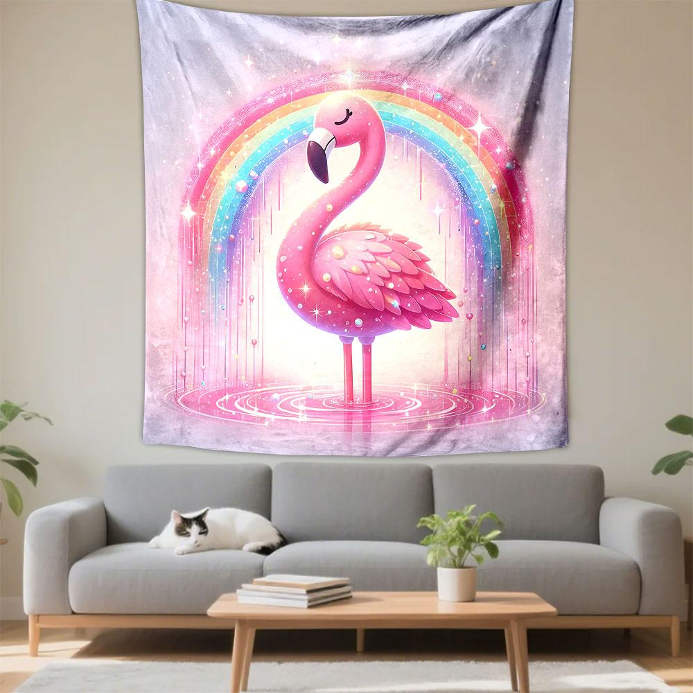 Pink Flamingo with Sparkling Rainbow Patterned Tapestry Decorative Wall Hanging, Home Bedroom Living Room Decor
