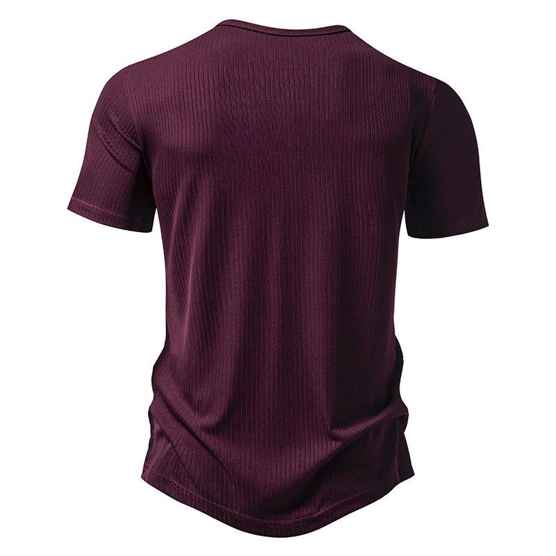 New Summer Men's Henry Collar T-shirt Short Sleeve Solid Color Stripe Casual Button Tops Tees Man