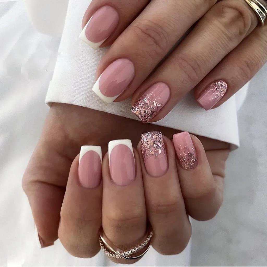 24Pcs Pink Retro Floral Short Square Press On Nails Full Cover False Nail Tips For Women Manicure