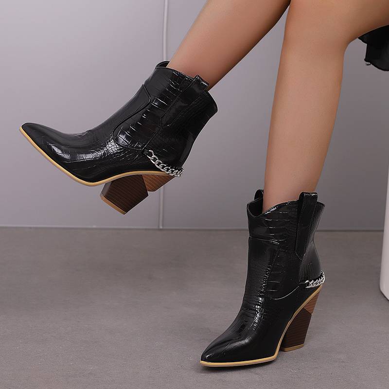 Krazing Pot Polyurethane Autumn Winter Shoes 47 Size 48 Super Size Wedges Pointed Toe Lace Up Serpentine Metal Chains Fashion Ankle Boots