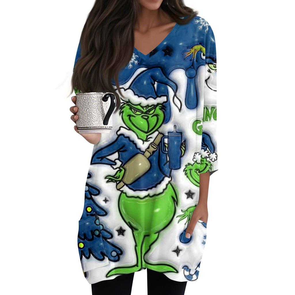 Женские топы с V-образным вырезом и рукавом 3/4, повседневные блузки средней длины, модные туники с рождественским принтом и карманами