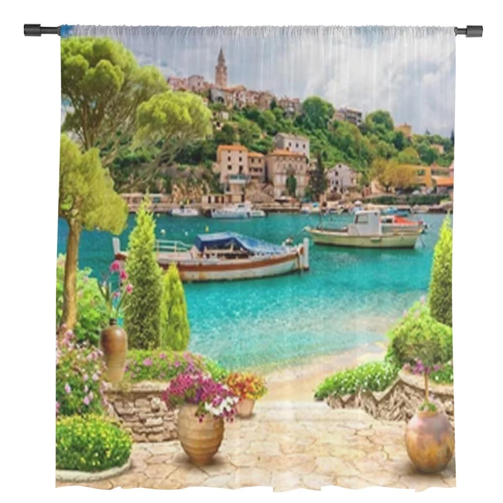 A Port Town With Boats Sheer Curtains Bedroom Voile Curtain Living Room Window Sheer Curtains Kitchen Tulle Drapes