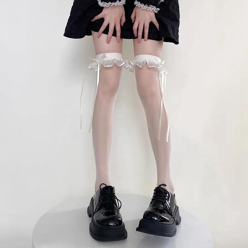 Черно-белые длинные носки с оборками для женщин и девочек, милые ультратонкие чулки JK Lolita, кружевные леггинсы выше колена с бантом