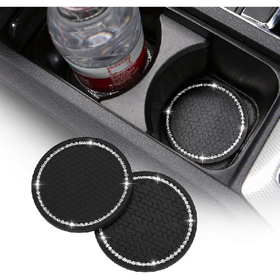 2 Pack Bling Cup Holder Ert Coasters, 2.75 Inch Soft Crystal Rhinestone Rubber Pad Set Round Auto Drink Coaster Car Interior Accessories (Pink)