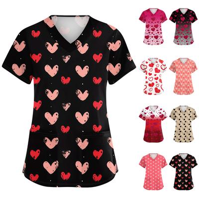 Женская милая блузка с принтом бантиков, рабочая одежда, V-образный вырез, двойной слой, карманы, базовая, с коротким рукавом, пуловер