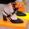 Hollow Sandals Women's Leather Bag Head 2025 New Summer Pointed Thick Heel One-word Buckle Single Shoes Mesh High Heels