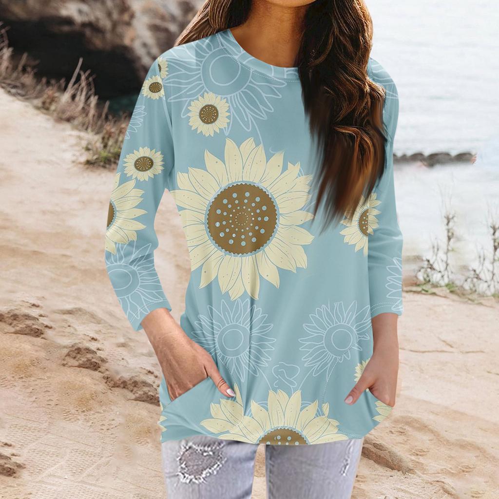 Женская модная повседневная футболка с карманом и круглым вырезом с рукавами 3/4 и топом