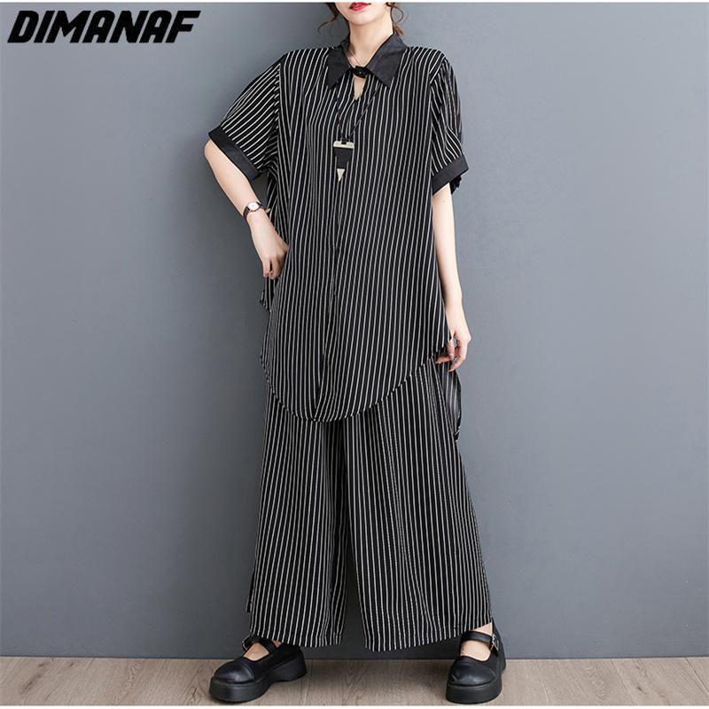 DIMANAF 2023 плюс размер комплект из двух предметов, женский шифоновый костюм в полоску с принтом Vinatge, топы и брюки, женский костюм, летний черный