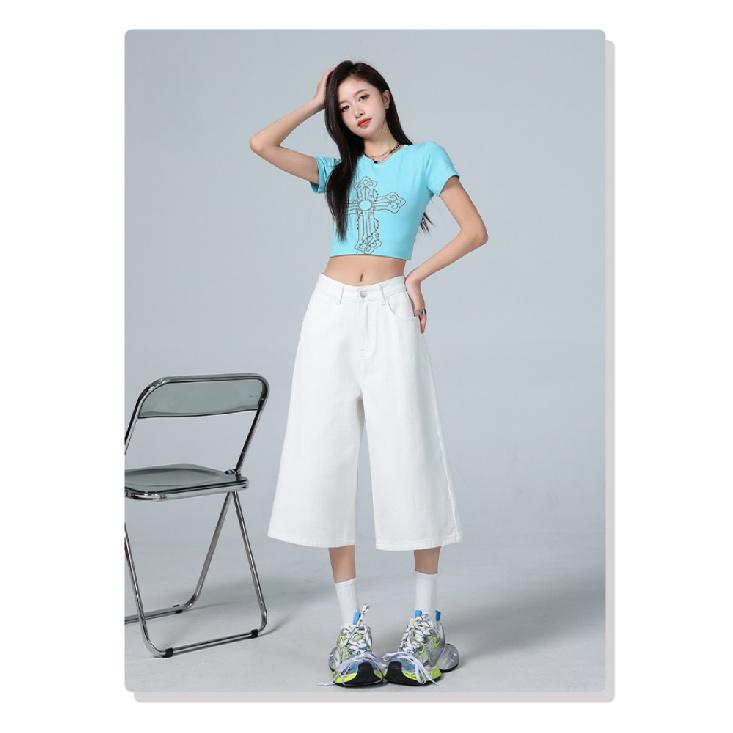 Американская высокая улица Семифутовые женские джинсы Весна Осень Свободные Широкие штанины Драпирующиеся Прямого кроя Брюки Модный дизайн