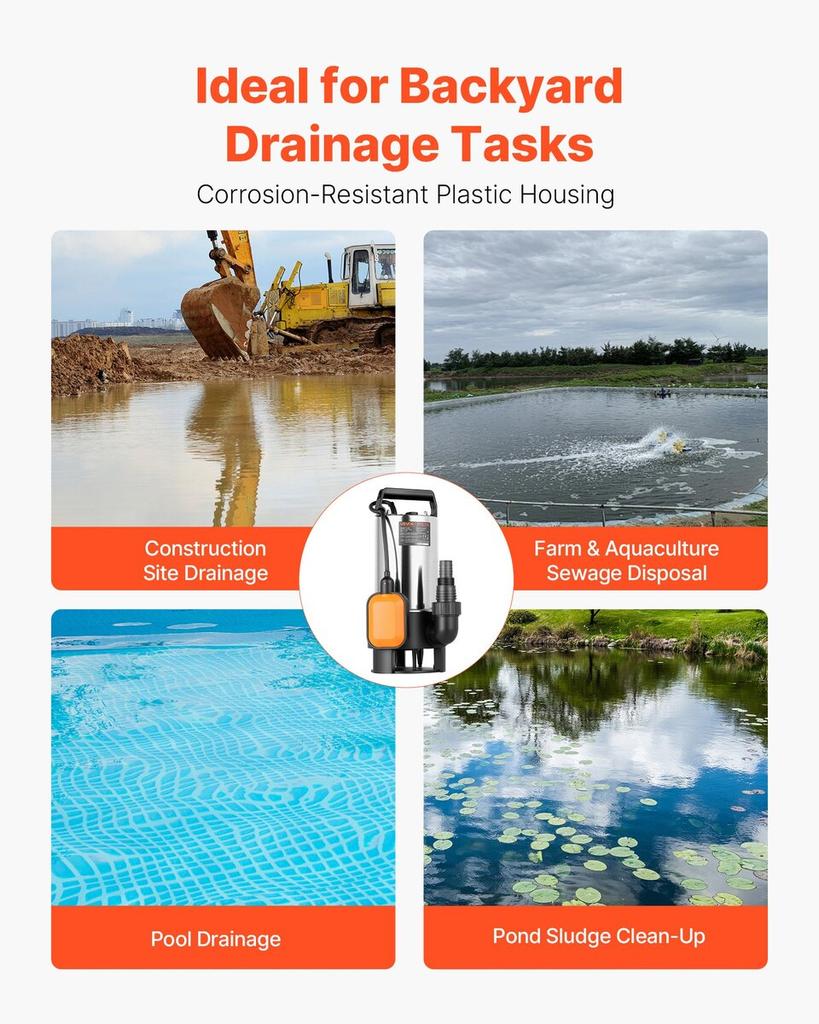 710W Submersible Sump Pump, 20000 L/H, Stainless Steel Submersible Sewage Dirty Clean Water Pump with Automatic Float Switch, Long Cord, 9M Max Lift,