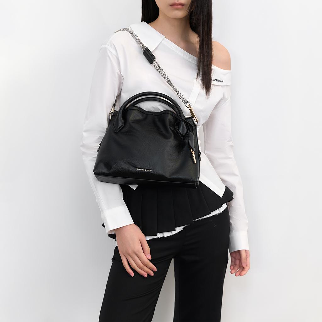 Charles & Keith Mini CK 26 Spring Simple Pleated Chain Kelly Bag Women Handbags Black CK2-30271709