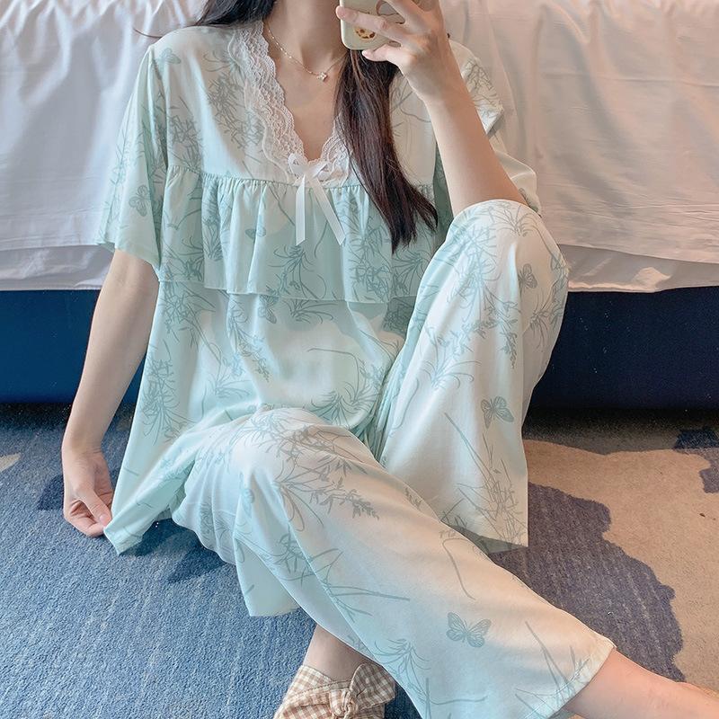 1011 new cotton and silk pajamas women's summer thin short-sleeved trousers set loose Korean version fresh and anti-bumping home