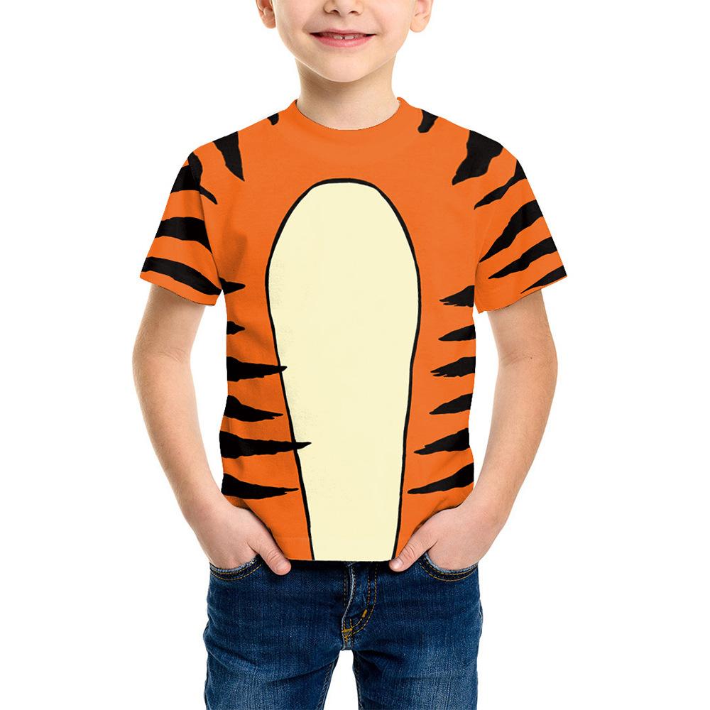 Kids Tiger Print Short Sleeve T-Shirt Cartoon Tiger Cosplay Halloween Stage Costume Boys Girls Summer Top