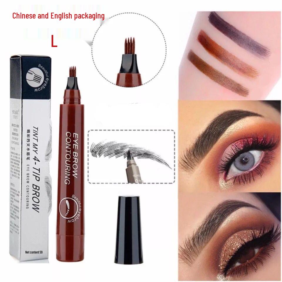 Bilingual Four-Prong Liquid Eyebrow Pen - Micro-Carved Korean Style, Long-Lasting, Sweatproof & Waterproof.