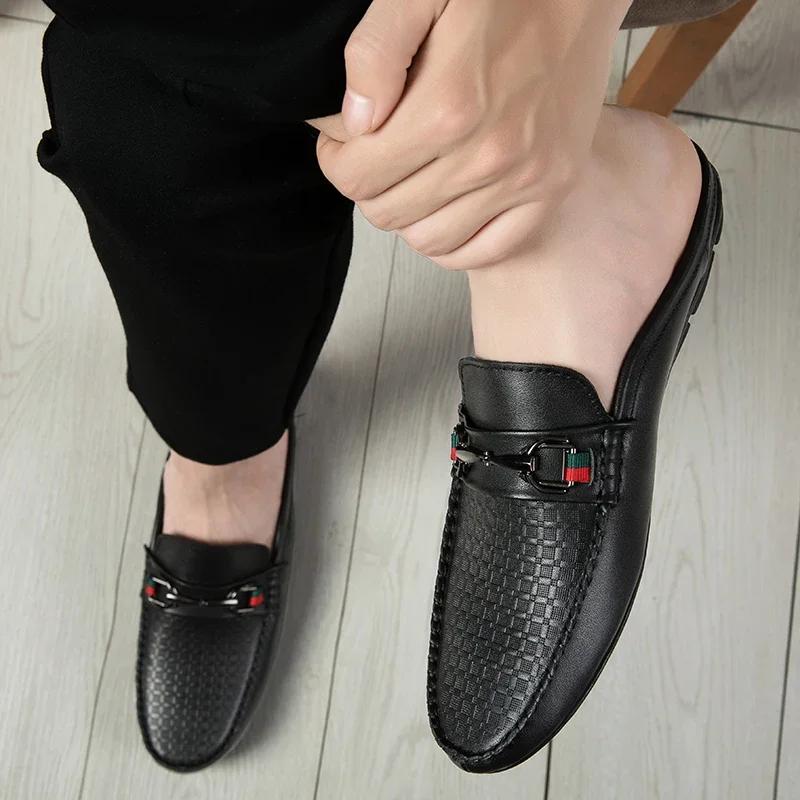 Мужские туфли Мюли Итальянские мужские тапочки Натуральная кожа Лоферы Повседневная мужская обувь Уличные Нескользящие Полутапочки Мужские На все случаи жизни