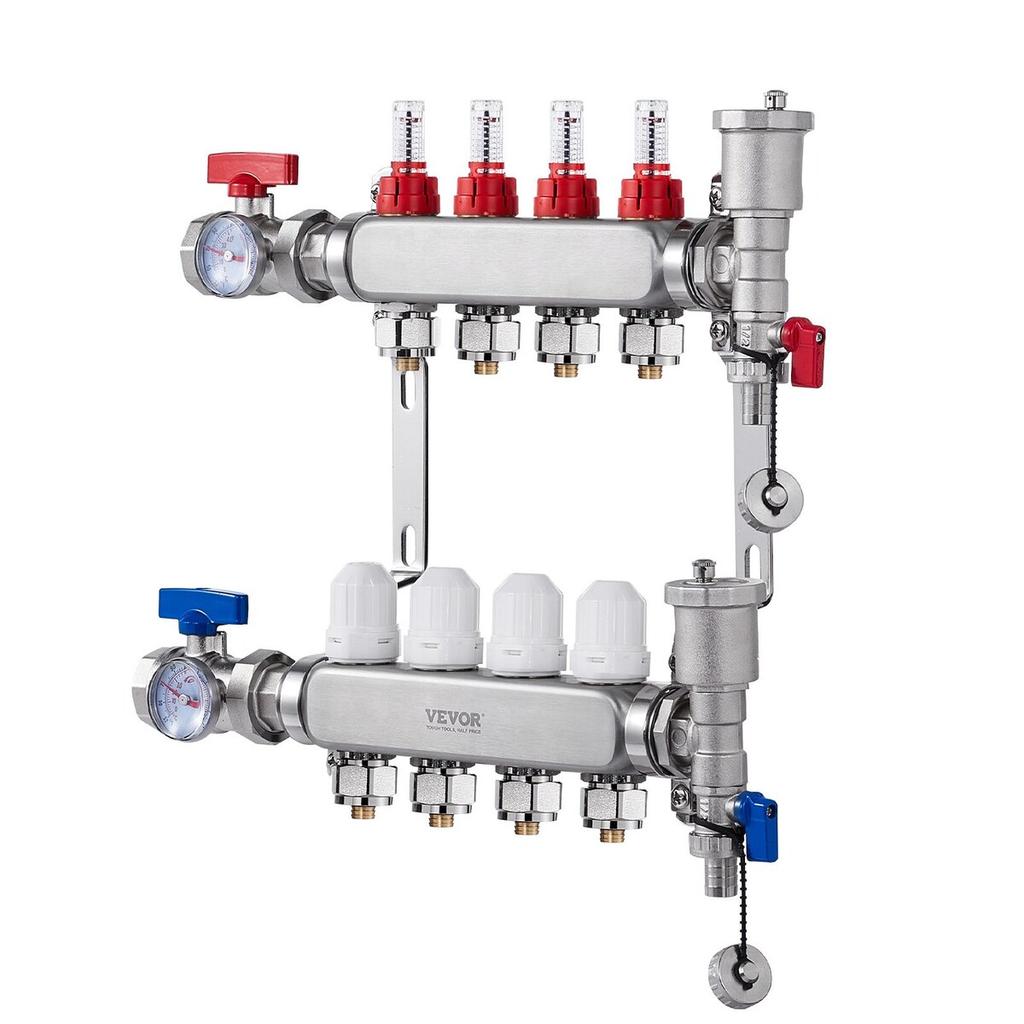 4-Branch Radiant Heat Manifold 1/2" PEX Tubing Floor Heating Manifold Set