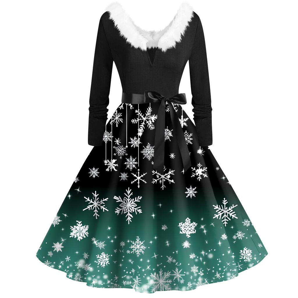 Женская мода с v-образным вырезом, повседневные тонкие рождественские платья с воротником из волос и длинными рукавами с принтом