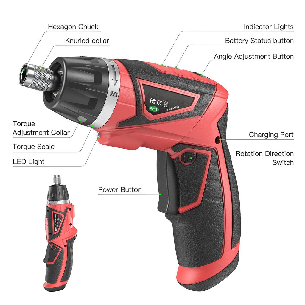 Беспроводная электрическая отвертка Набор отверток Перезаряжаемая мощная отвертка со светодиодной подсветкой 6 + 1 Настройка крутящего момента 200 об/мин 1500 мАч