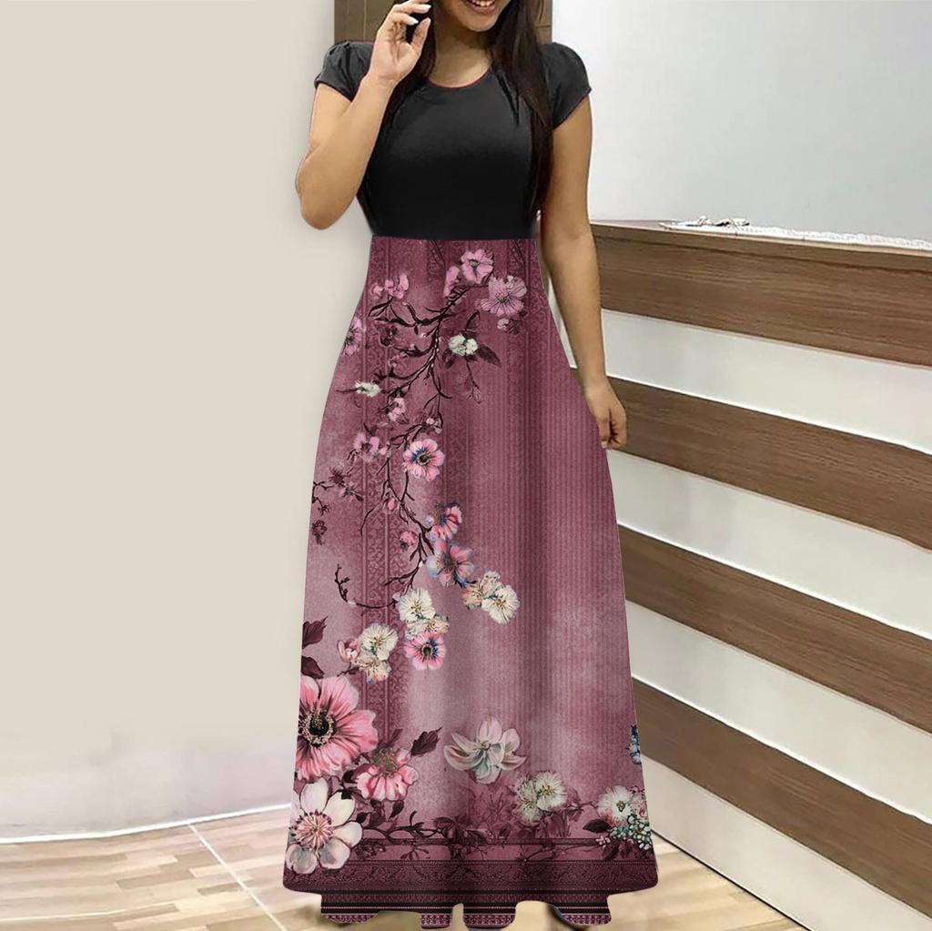 Женская мода повседневные свободные принтованные платья с круглым вырезом и коротким рукавом длинные платья с коротким рукавом длинные платья