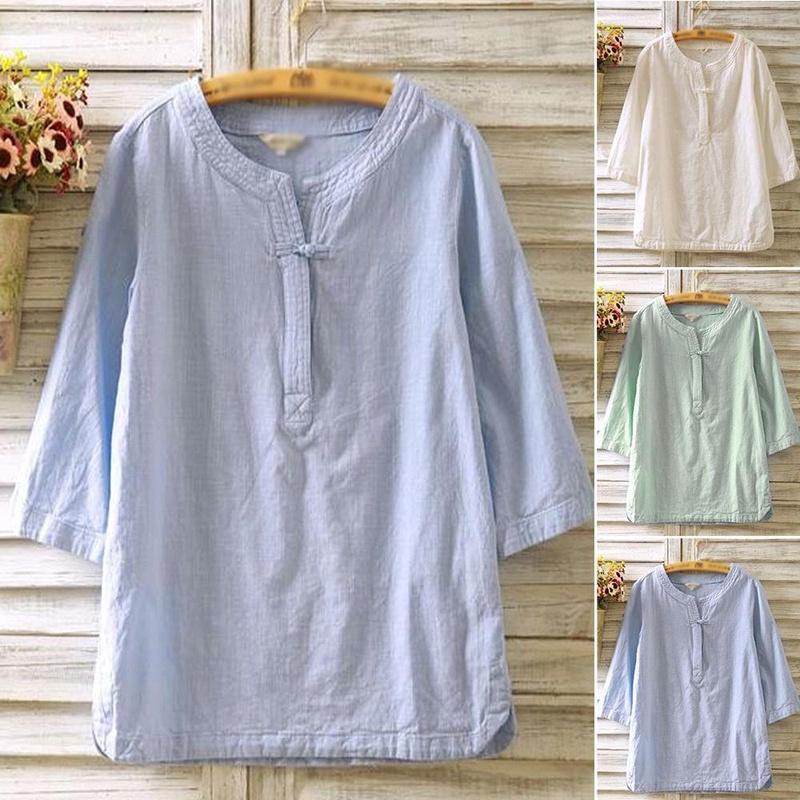 Elegant Women Vintage Cotton Linen Blouse With Flax Loose 3/4 Sleeve Tunic