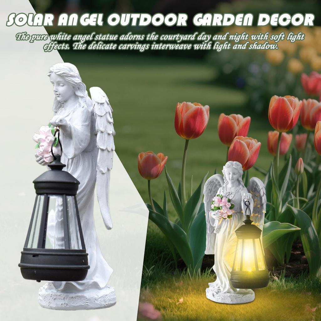 Outdoor Angels Statues with Solar Lantern Creative Angel Lantern Resin Angel Sculptures Garden Yard Decor Patio Ornament