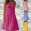 Women Summer Dress Round Neck Sleeveless Plus Size A-line Patchwork Hem Solid Color Knee Length Loose Soft Vacation Beach Midi Dress