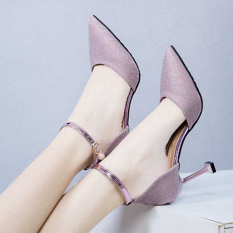 Летние новые туфли на высоком каблуке со стразами и острым носком, модные и сексуальные цельные босоножки с пряжкой для женщин