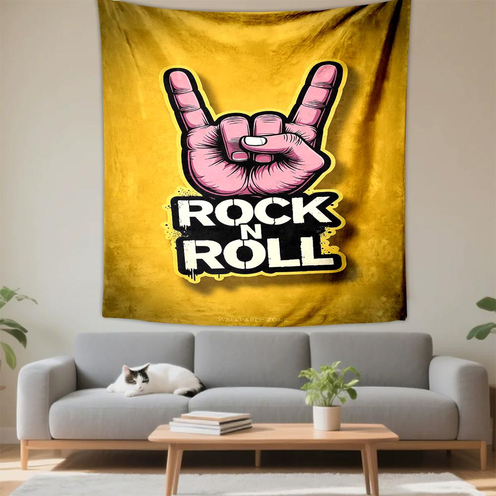 Tapestry Rock N Roll Pink Horns Hand Cartoon Yellow Music Poster Wall Hanging for Rock Music Lover Bedroom Decor