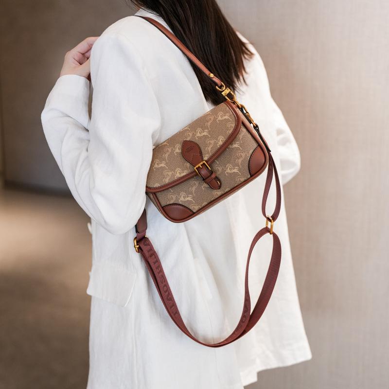 High-end Fashion Small Square Bag Women's New Retro Printing Contrasting Color Saddle Bag Shoulder Bag Messenger Bag Women