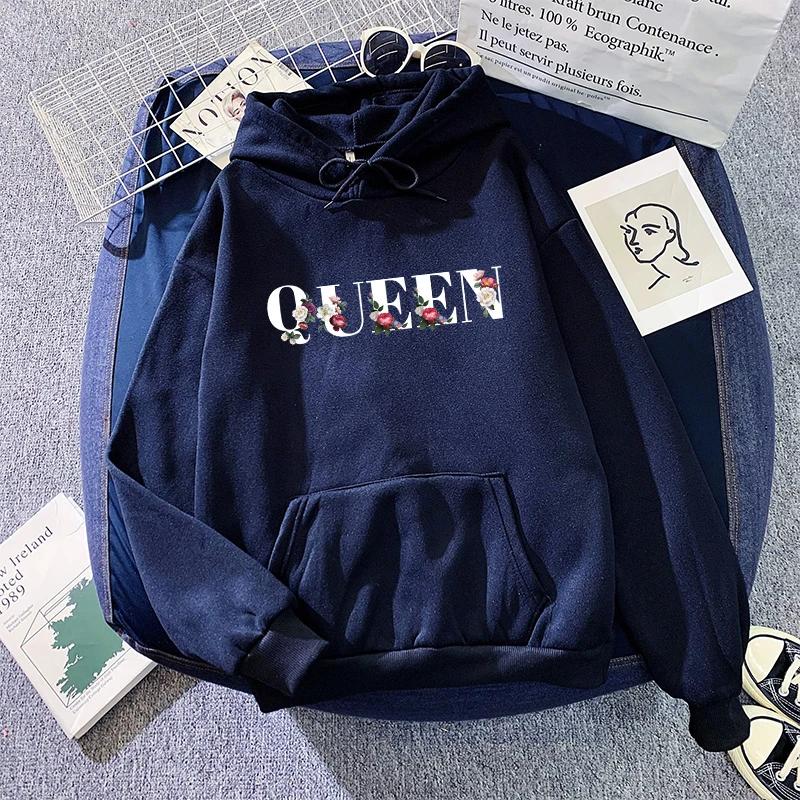 Женские худи Queen Высокое качество Цветочный принт с буквами С капюшоном Пуловер Женская городская повседневная мода Теплое худи