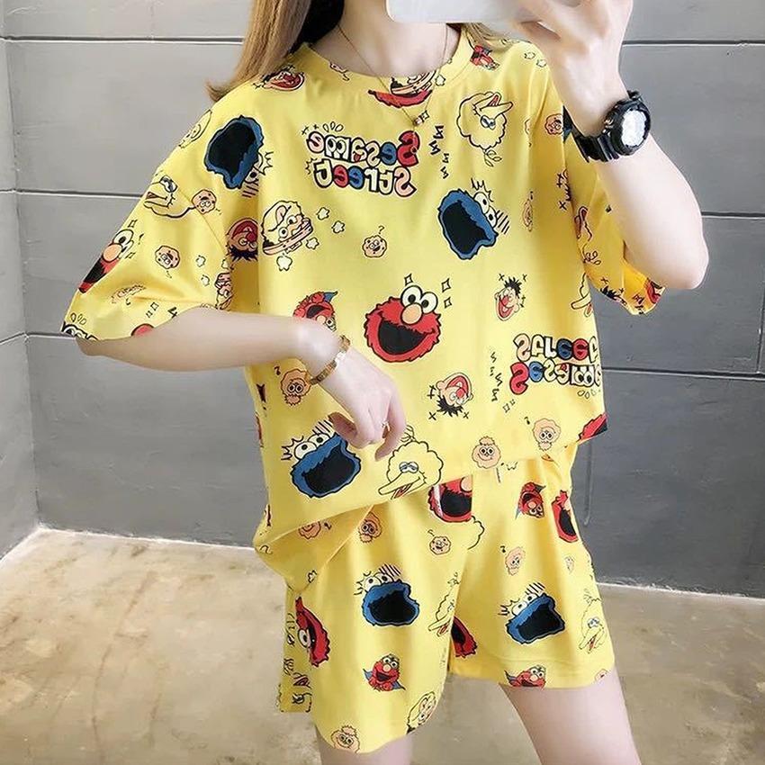 Женская одежда для сна, милый пижамный комплект с мультяшным принтом, летние футболки с короткими рукавами, шорты, одежда для сна
