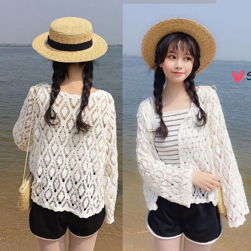 Вязаный кардиган с кондиционером, женская летняя одежда с рукавами, новая свободная шаль с полым верхом из сетчатого отверстия, солнцезащитная куртка