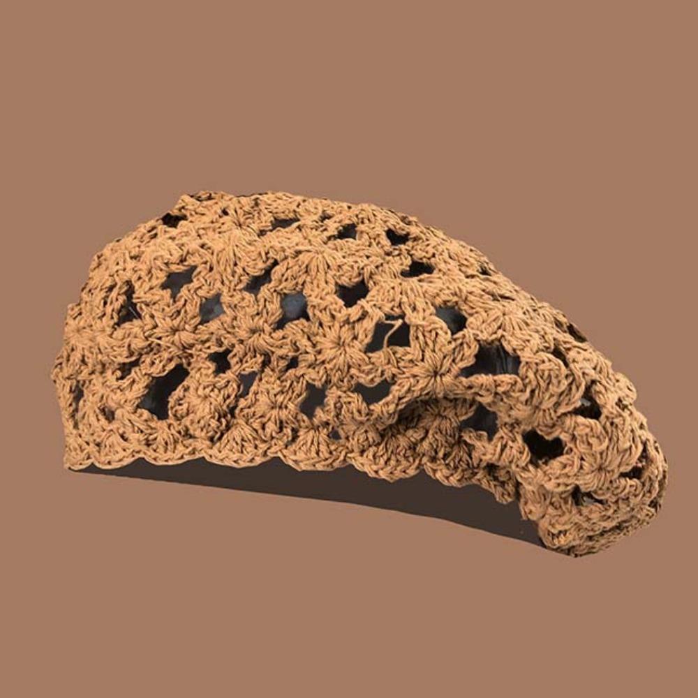 Linen Hollowed Out Beret Hat Cotton Spring Crochet Knitted Cap Lace Hollow Flower Hat  Beach