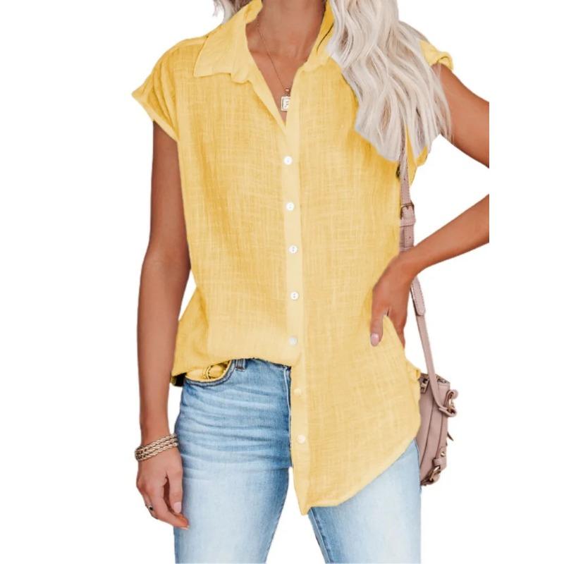Летние свободные блузки без рукавов однотонные рубашки повседневные женские топы с отложным воротником и пуговицами
