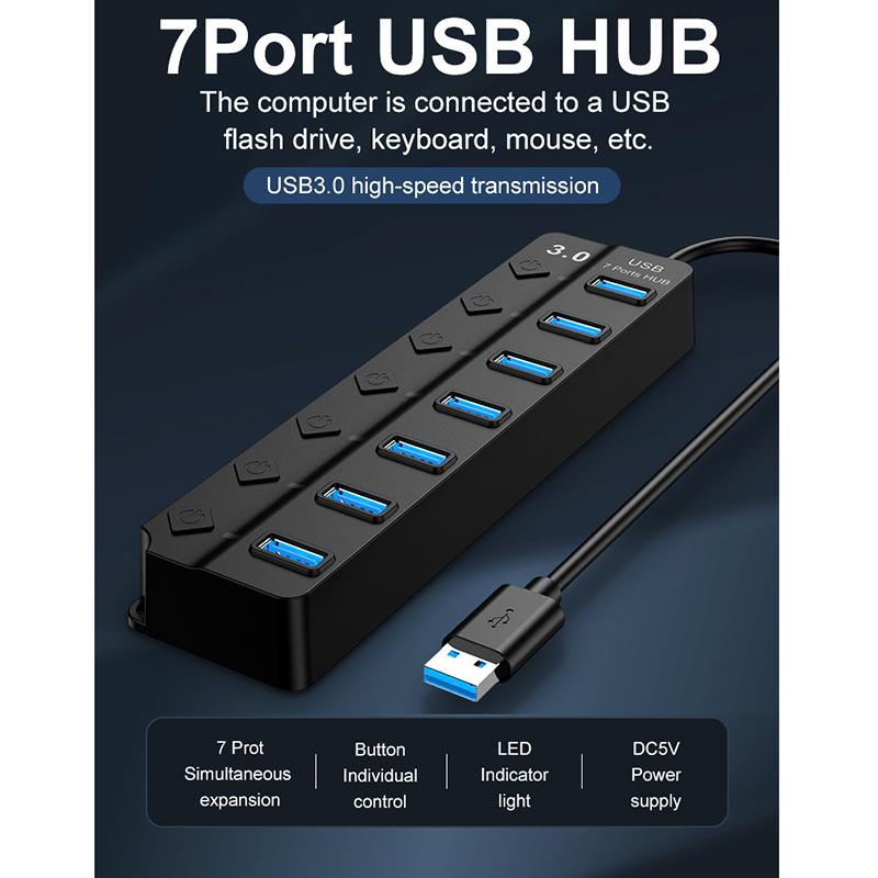 USB 3.0 Hub 7-Port Multi USB Splitter USB Hub, 5Gbps HighSpeed Data Transmission