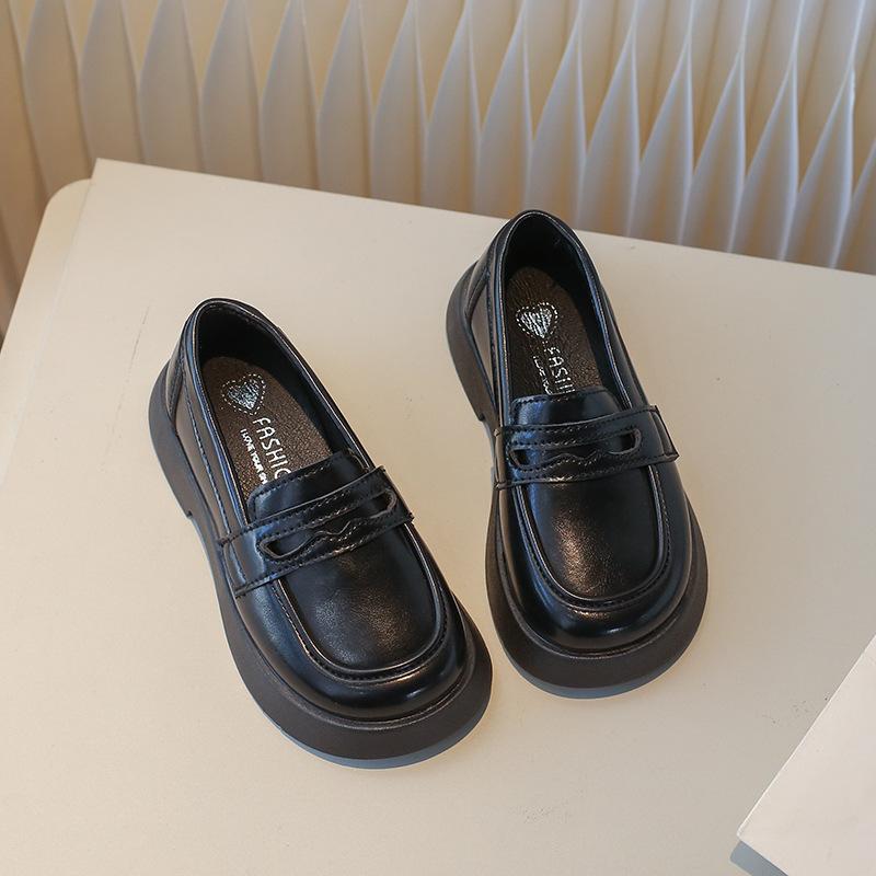 Детская кожаная обувь весна-осень черные туфли для школьниц модные толстые детские туфли принцессы без застежек одинарные туфли