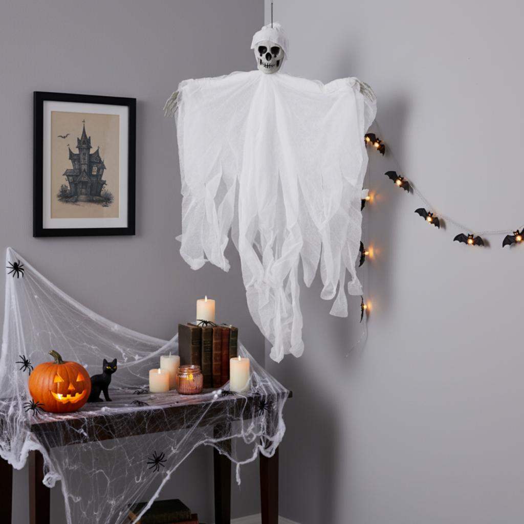 Dekoracja ozdoba halloween zjawa upiór duch szkielet wiszący biały 75 cm