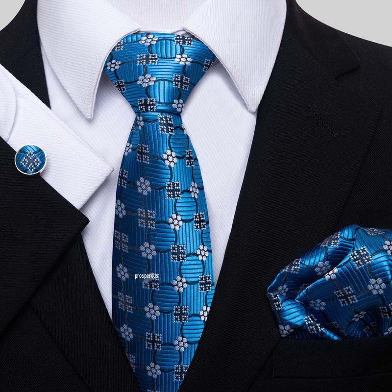 Men's 8cm Solid & Polka Dot Plaid Tie Set with Cufflinks & Pocket Square